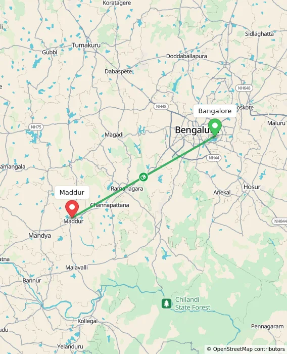 Route map showing distance and travel time from Bangalore, India to Maddur, India