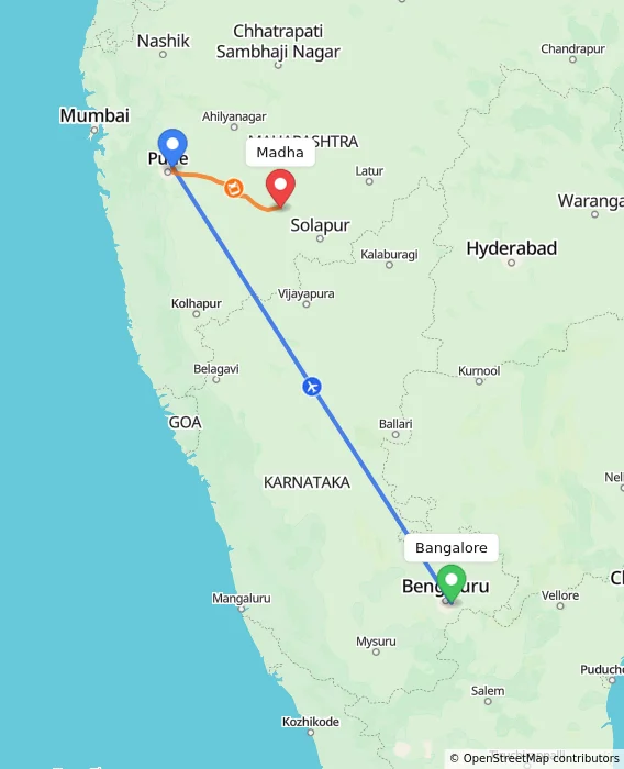 Route map showing distance and travel time from Bangalore, India to Madha, India