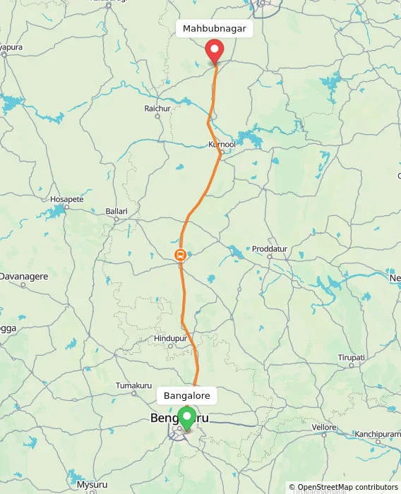 Route map showing distance and travel time from Bangalore, India to Mahbubnagar, India