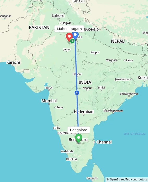 Route map showing distance and travel time from Bangalore, India to Mahendragarh, India