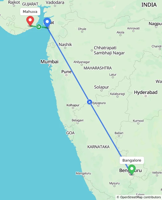 Route map showing distance and travel time from Bangalore, India to Mahuva, India