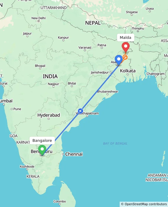 Route map showing distance and travel time from Bangalore, India to Malda, India