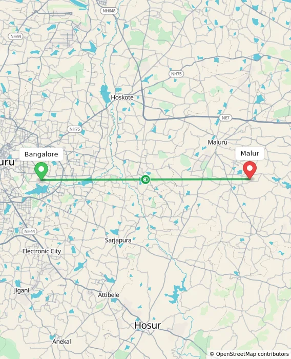 Route map showing distance and travel time from Bangalore, India to Malur, India