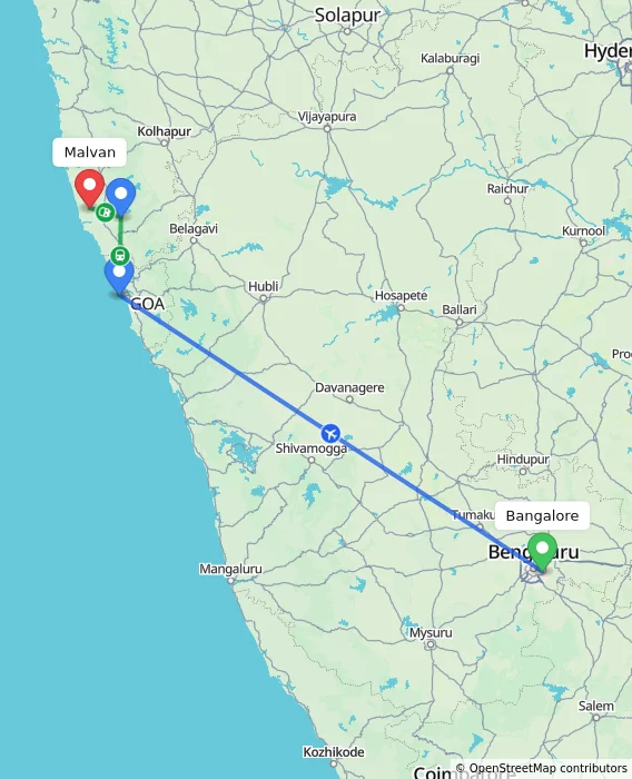 Route map showing distance and travel time from Bangalore, India to Malvan, India