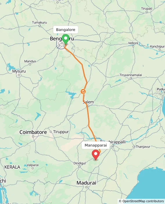 Route map showing distance and travel time from Bangalore, India to Manapparai, India