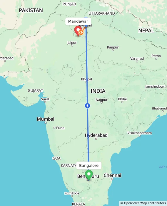 Route map showing distance and travel time from Bangalore, India to Mandawar, India