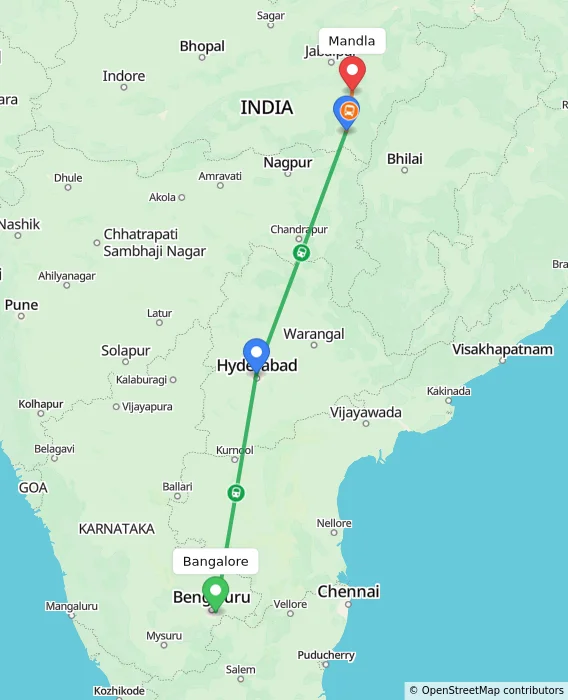 Route map showing distance and travel time from Bangalore, India to Mandla, India