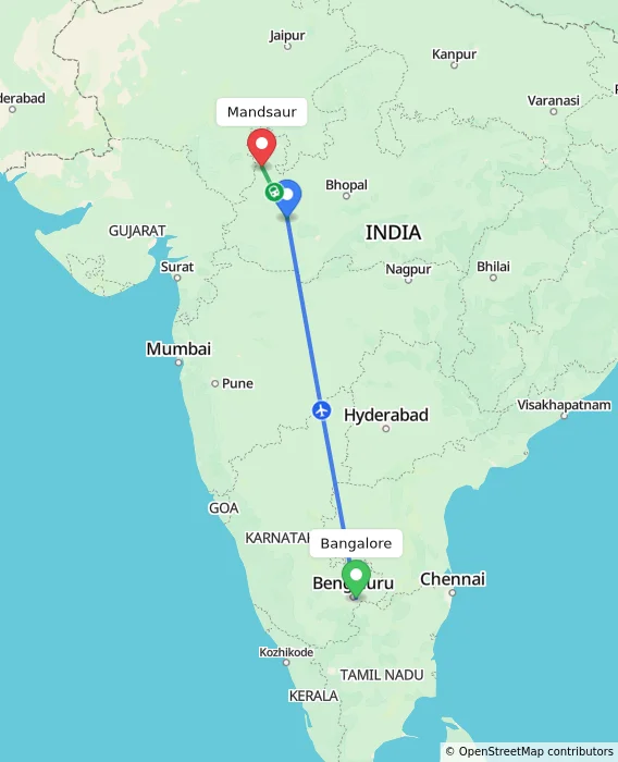 Route map showing distance and travel time from Bangalore, India to Mandsaur, India