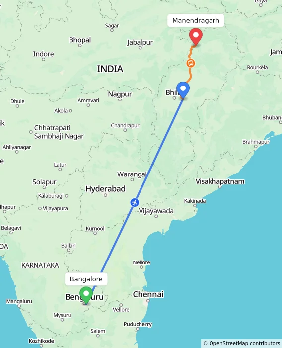Route map showing distance and travel time from Bangalore, India to Manendragarh, India