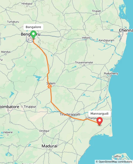 Route map showing distance and travel time from Bangalore, India to Mannargudi, India