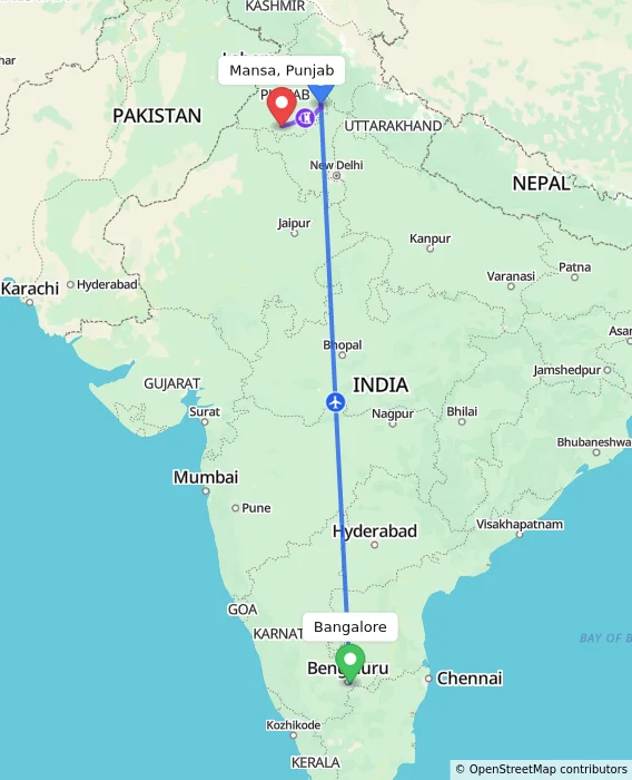 Route map showing distance and travel time from Bangalore, India to Mansa, Punjab, India
