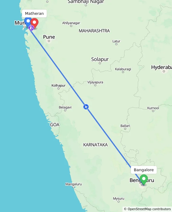 Route map showing distance and travel time from Bangalore, India to Matheran, India