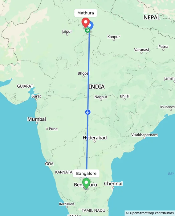 Route map showing distance and travel time from Bangalore, India to Mathura, India