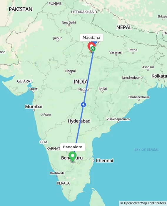 Route map showing distance and travel time from Bangalore, India to Maudaha, India