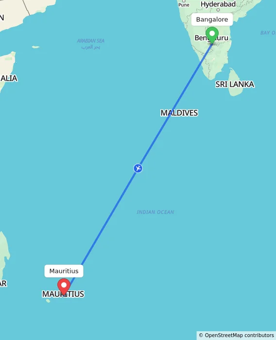 Route map showing distance and travel time from Bangalore, India to Mauritius, Mauritius