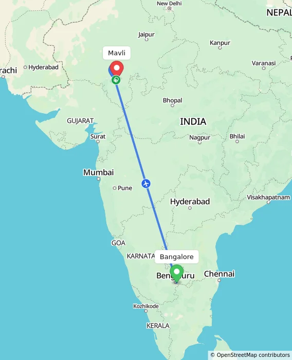 Route map showing distance and travel time from Bangalore, India to Mavli, India