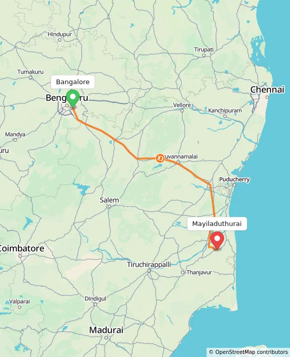 Route map showing distance and travel time from Bangalore, India to Mayiladuthurai, India