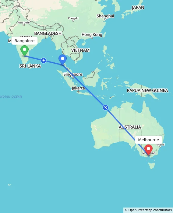 Route map showing distance and travel time from Bangalore, India to Melbourne, Australia