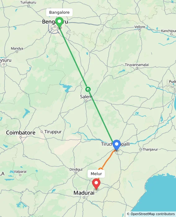Route map showing distance and travel time from Bangalore, India to Melur, India