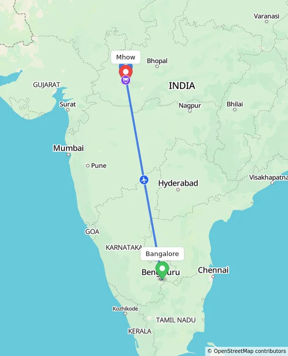 Route map showing distance and travel time from Bangalore, India to Mhow, India