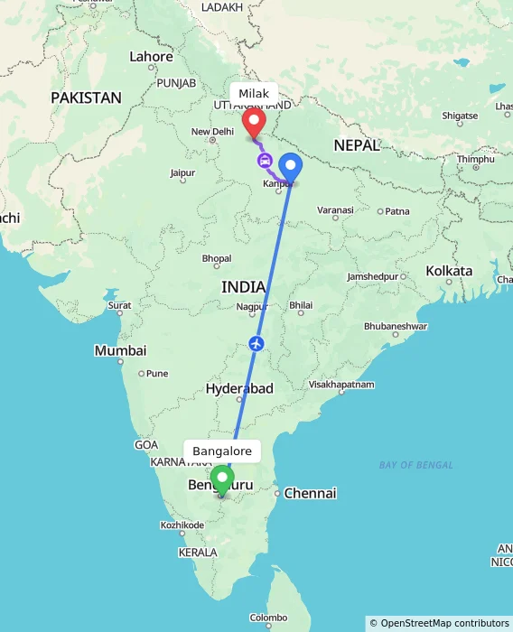 Route map showing distance and travel time from Bangalore, India to Milak, India