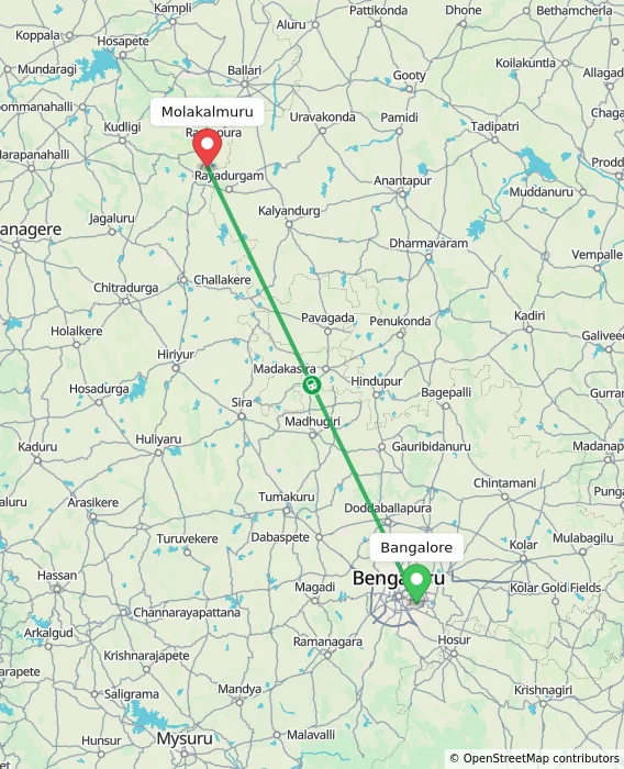 Route map showing distance and travel time from Bangalore, India to Molakalmuru, India
