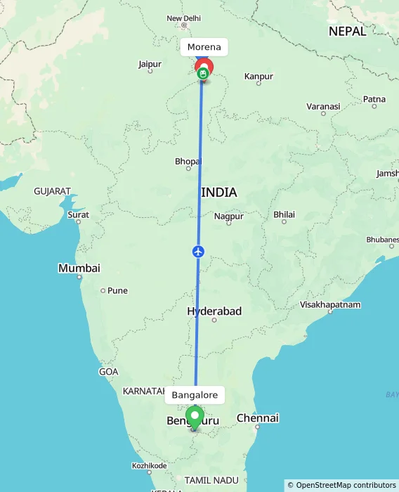 Route map showing distance and travel time from Bangalore, India to Morena, India
