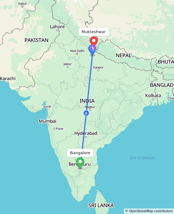 Route map showing distance and travel time from Bangalore, India to Mukteshwar, India