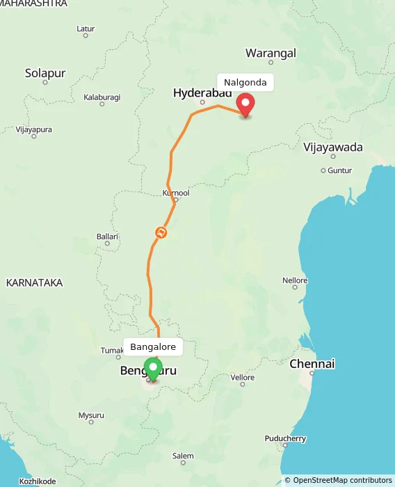 Route map showing distance and travel time from Bangalore, India to Nalgonda, India