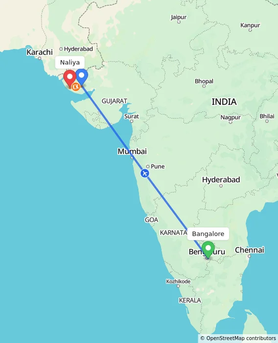 Route map showing distance and travel time from Bangalore, India to Naliya, India