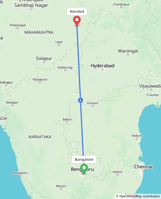 Route map showing distance and travel time from Bangalore, India to Nanded, India
