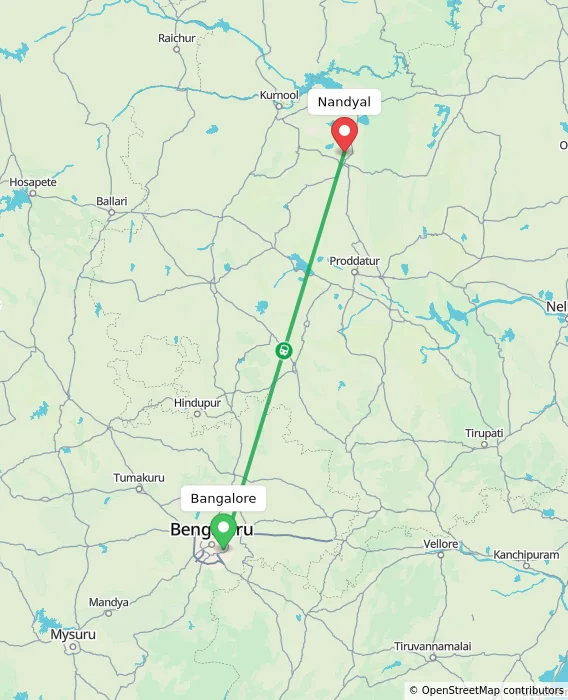 Route map showing distance and travel time from Bangalore, India to Nandyal, India