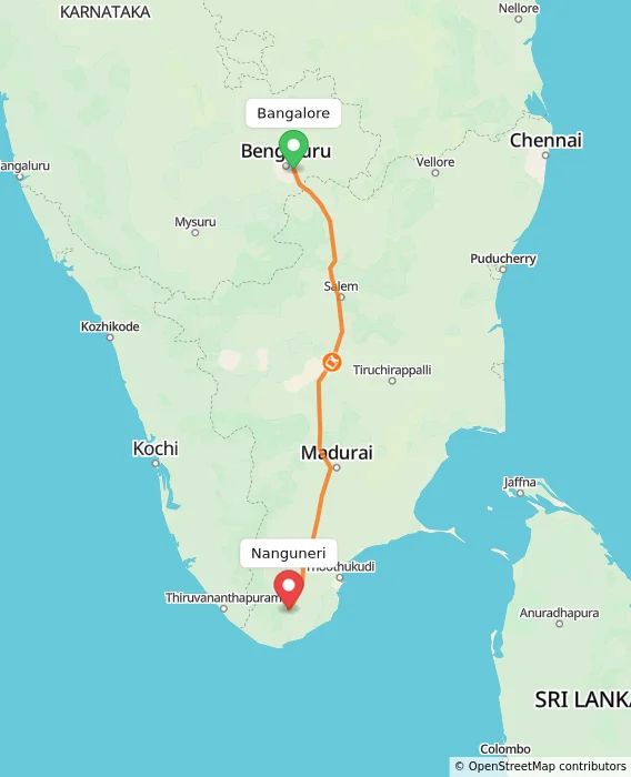 Route map showing distance and travel time from Bangalore, India to Nanguneri, India
