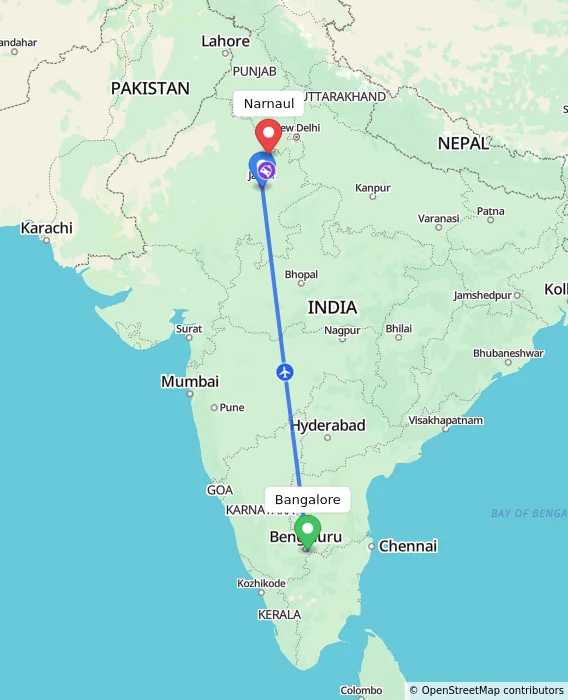 Route map showing distance and travel time from Bangalore, India to Narnaul, India