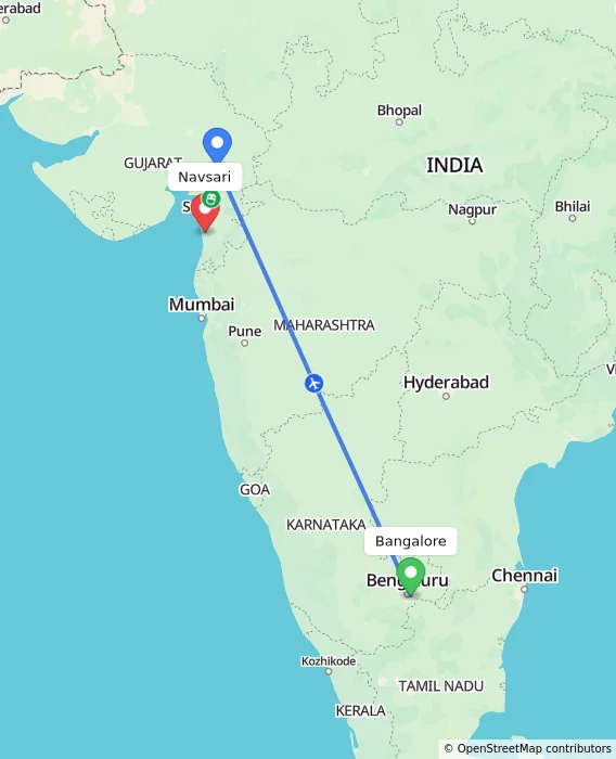 Route map showing distance and travel time from Bangalore, India to Navsari, India
