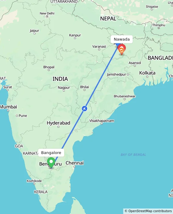 Route map showing distance and travel time from Bangalore, India to Nawada, India