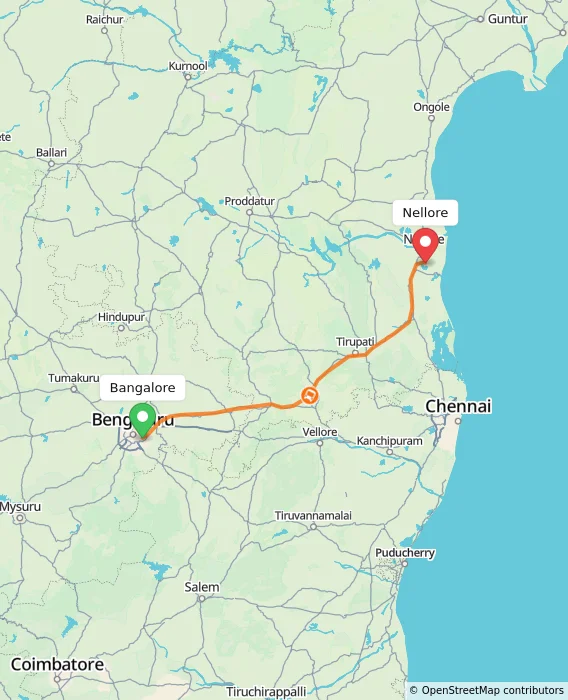 Route map showing distance and travel time from Bangalore, India to Nellore, India