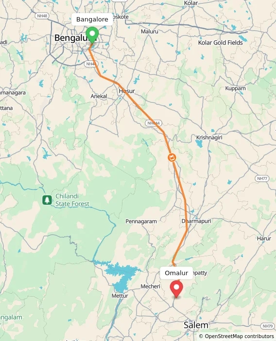 Route map showing distance and travel time from Bangalore, India to Omalur, India