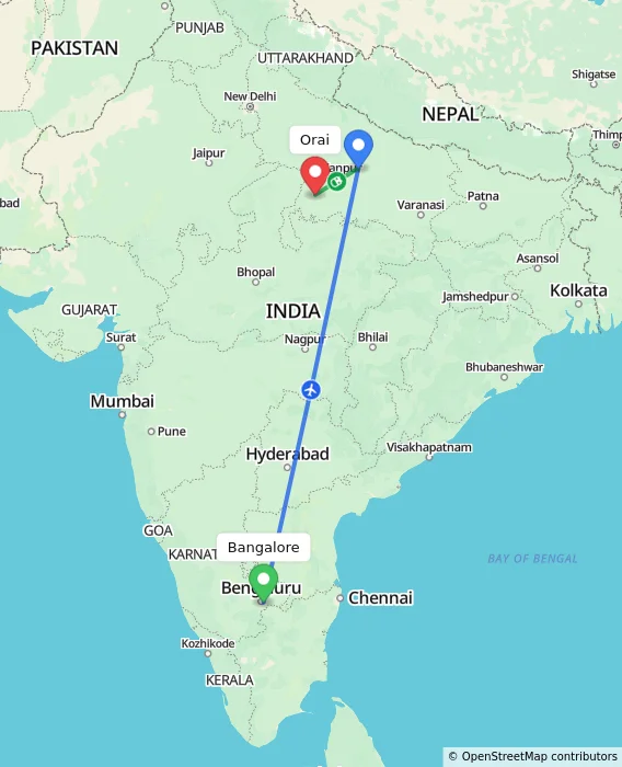 Route map showing distance and travel time from Bangalore, India to Orai, India