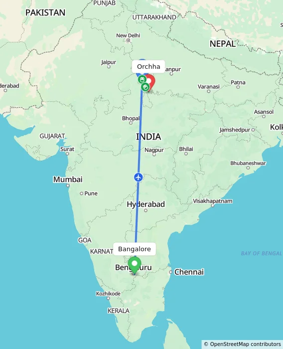 Route map showing distance and travel time from Bangalore, India to Orchha, India
