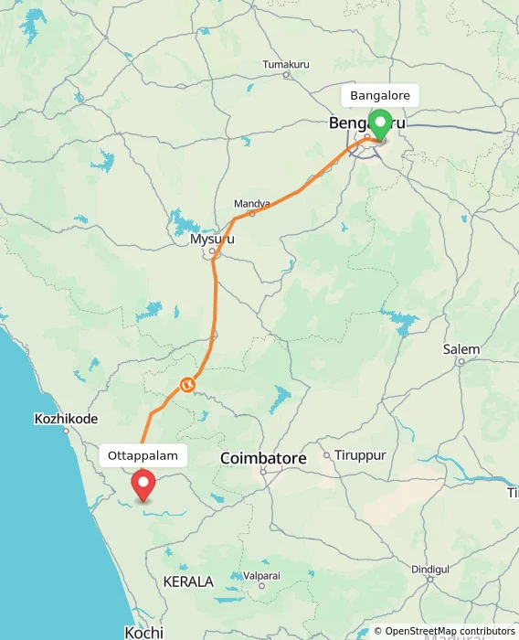 Route map showing distance and travel time from Bangalore, India to Ottappalam, India