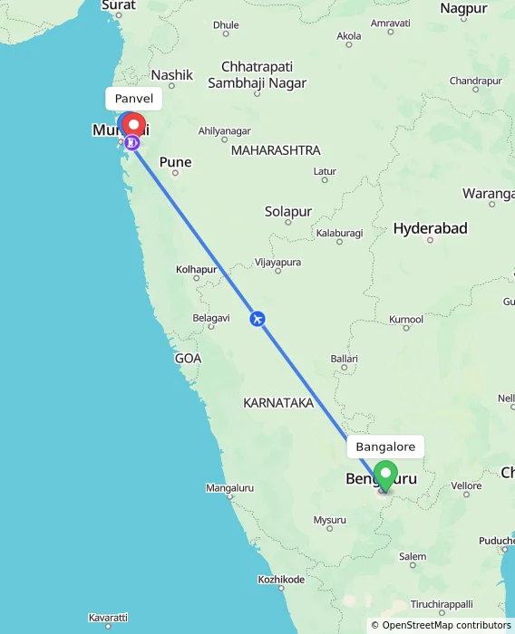 Route map showing distance and travel time from Bangalore, India to Panvel, India