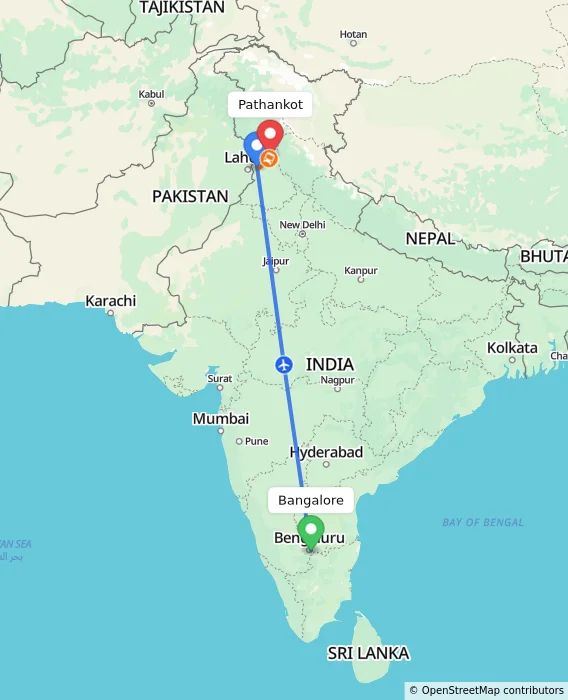 Route map showing distance and travel time from Bangalore, India to Pathankot, India