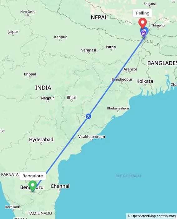 Route map showing distance and travel time from Bangalore, India to Pelling, India