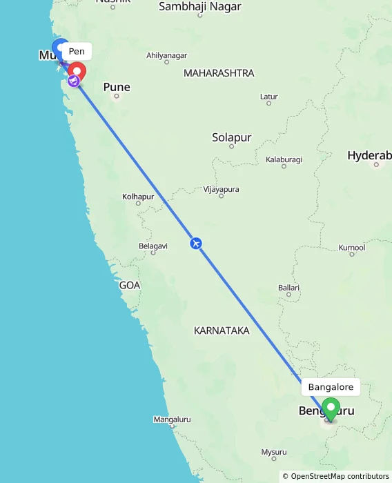 Route map showing distance and travel time from Bangalore, India to Pen, India