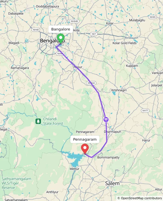 Route map showing distance and travel time from Bangalore, India to Pennagaram, India