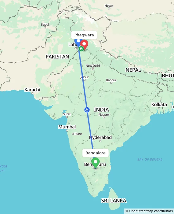 Route map showing distance and travel time from Bangalore, India to Phagwara, India