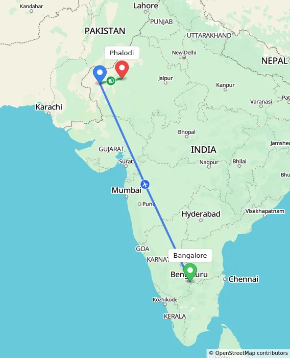 Route map showing distance and travel time from Bangalore, India to Phalodi, India