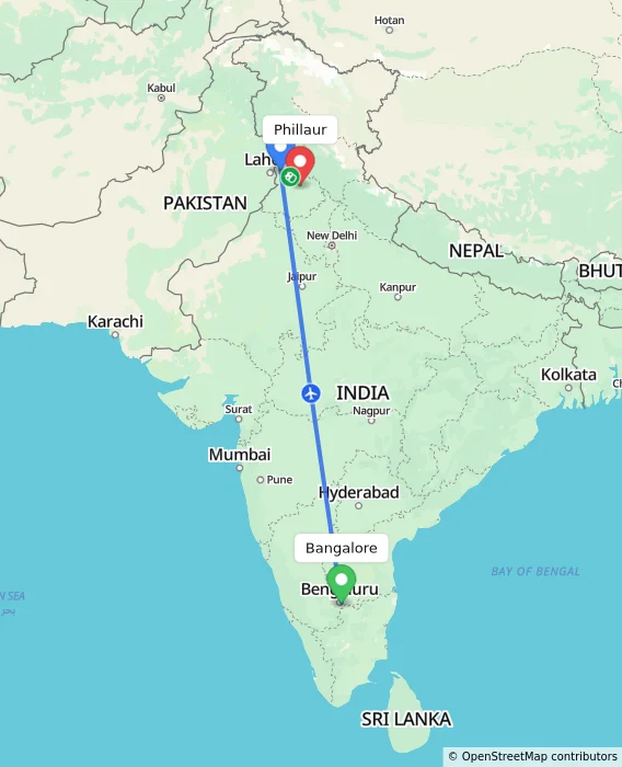 Route map showing distance and travel time from Bangalore, India to Phillaur, India
