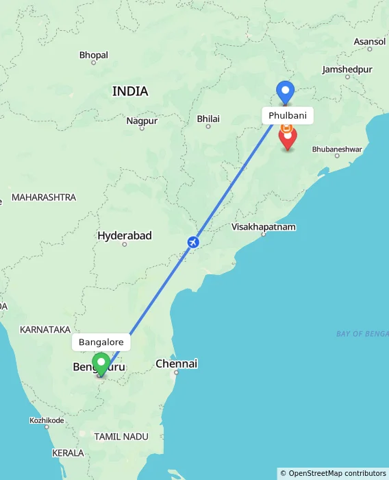 Route map showing distance and travel time from Bangalore, India to Phulbani, India